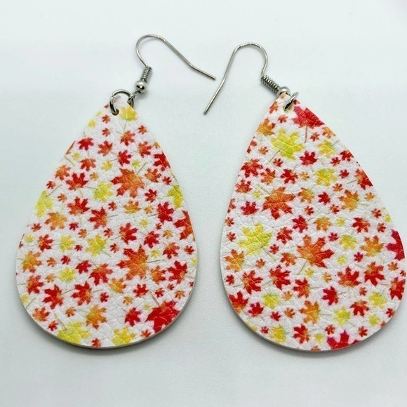 Faux Leather Teardrop Red and Yellow Leaf Print Earrings - Picture 2 of 5